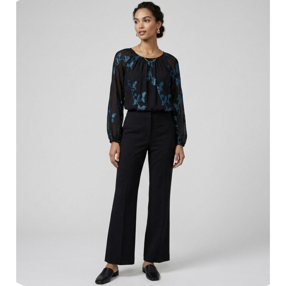 NWT LOFT Black Blue Shimmer Floral Print Semi-sheer Dressy Blouse Womens Size MP